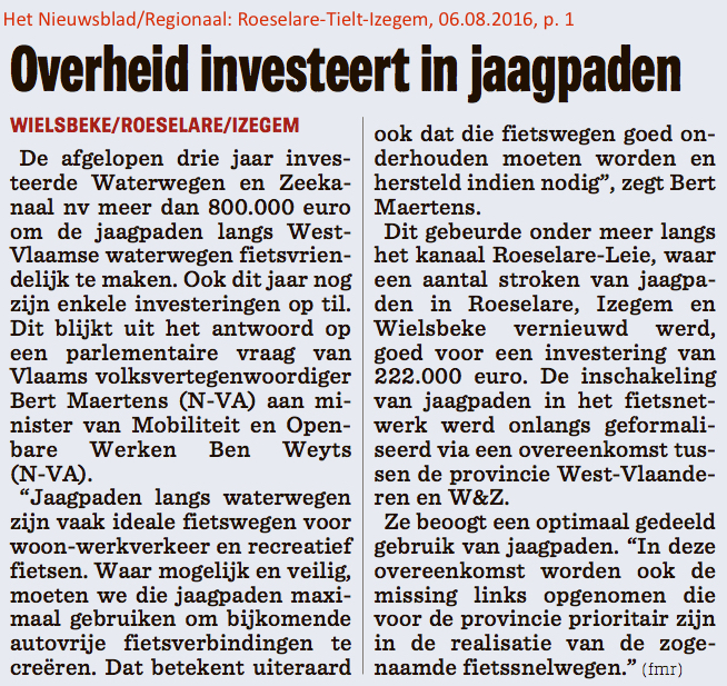 Het Nieuwsblad/Regionaal: Roeselare-Tielt-Izegem, 06.08.2016, p. 1 Het Nieuwsblad/Regionaal: Roeselare-Tielt-Izegem, 06.08.2016, p. 1