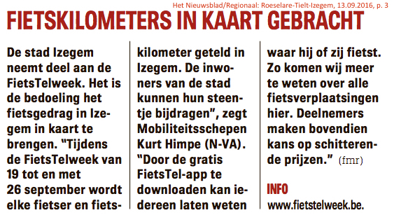 Het Nieuwsblad/Regionaal: Roeselare-Tielt-Izegem, 13.09.2016, p. 3 Het Nieuwsblad/Regionaal: Roeselare-Tielt-Izegem, 13.09.2016, p. 3