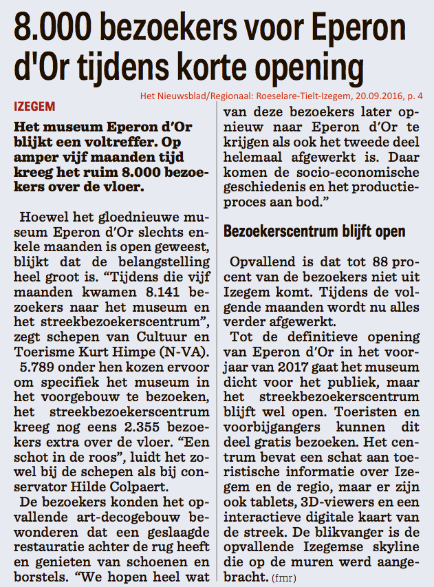 Het Nieuwsblad/Regionaal: Roeselare-Tielt-Izegem, 20.09.2016, p. 4 Het Nieuwsblad/Regionaal: Roeselare-Tielt-Izegem, 20.09.2016, p. 4