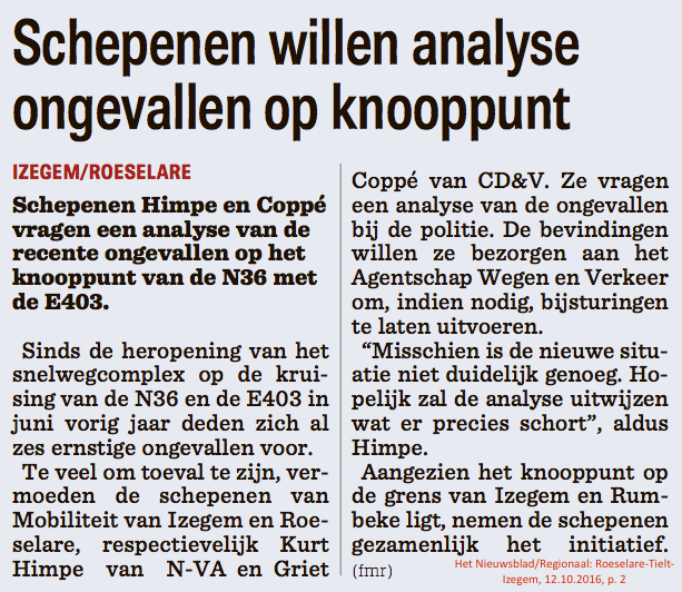 Het Nieuwsblad/Regionaal: Roeselare-Tielt-Izegem, 12.10.2016, p. 2 Het Nieuwsblad/Regionaal: Roeselare-Tielt-Izegem, 12.10.2016, p. 2