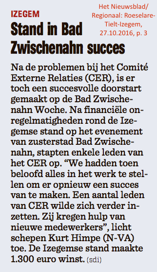 Het Nieuwsblad/Regionaal: Roeselare-Tielt-Izegem, 27.10.2016, p. 3 Het Nieuwsblad/Regionaal: Roeselare-Tielt-Izegem, 27.10.2016, p. 3