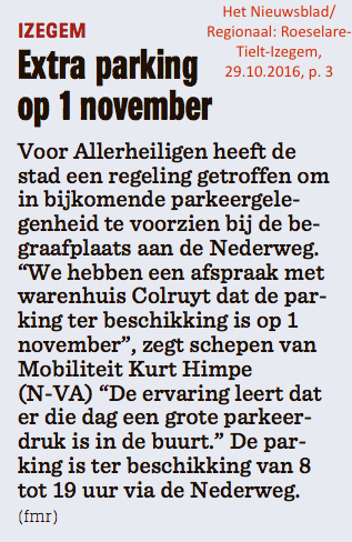 Het Nieuwsblad/Regionaal: Roeselare-Tielt-Izegem, 29.10.2016, p. 3 Het Nieuwsblad/Regionaal: Roeselare-Tielt-Izegem, 29.10.2016, p. 3