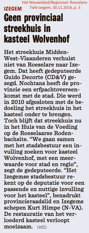 Het Nieuwsblad/Regionaal: Roeselare-Tielt-Izegem, 30.11.2016, p. 3 Het Nieuwsblad/Regionaal: Roeselare-Tielt-Izegem, 30.11.2016, p. 3