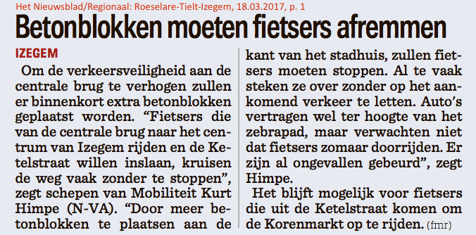 Het Nieuwsblad/Regionaal: Roeselare-Tielt-Izegem, 18.03.2017, p. 1