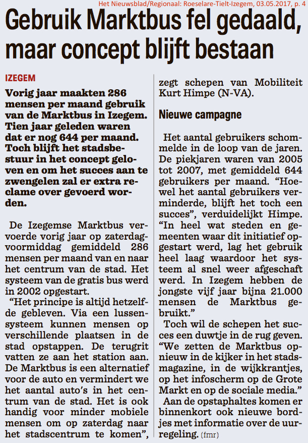 Het Nieuwsblad/Regionaal: Roeselare-Tielt-Izegem, 03.05.2017, p. 4