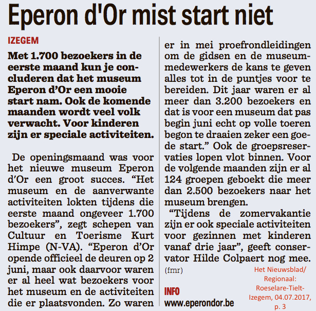 Het Nieuwsblad/Regionaal: Roeselare-Tielt-Izegem, 04.07.2017, p. 3 Het Nieuwsblad/Regionaal: Roeselare-Tielt-Izegem, 04.07.2017, p. 3