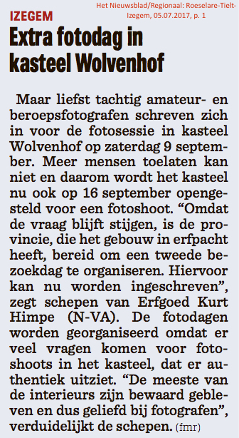 Het Nieuwsblad/Regionaal: Roeselare-Tielt-Izegem, 05.07.2017, p. 1 Het Nieuwsblad/Regionaal: Roeselare-Tielt-Izegem, 05.07.2017, p. 1