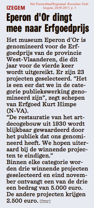 Het Nieuwsblad/Regionaal: Roeselare-Tielt-Izegem, 20.09.2017, p. 5 Het Nieuwsblad/Regionaal: Roeselare-Tielt-Izegem, 20.09.2017, p. 5