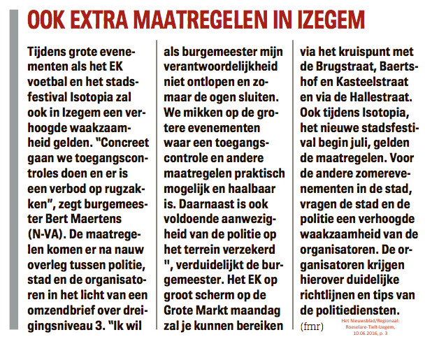 Het Nieuwsblad/Regionaal: Roeselare-Tielt-Izegem, 10.06.2016 Het Nieuwsblad/Regionaal: Roeselare-Tielt-Izegem, 10.06.2016